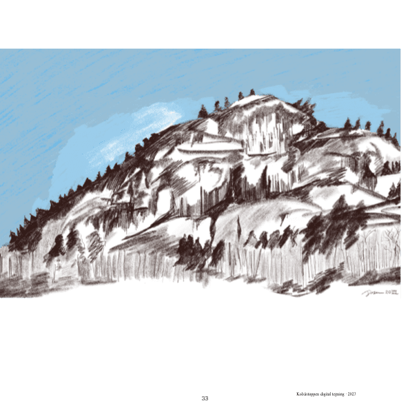 Side fra boken med digital tegning av et fjell